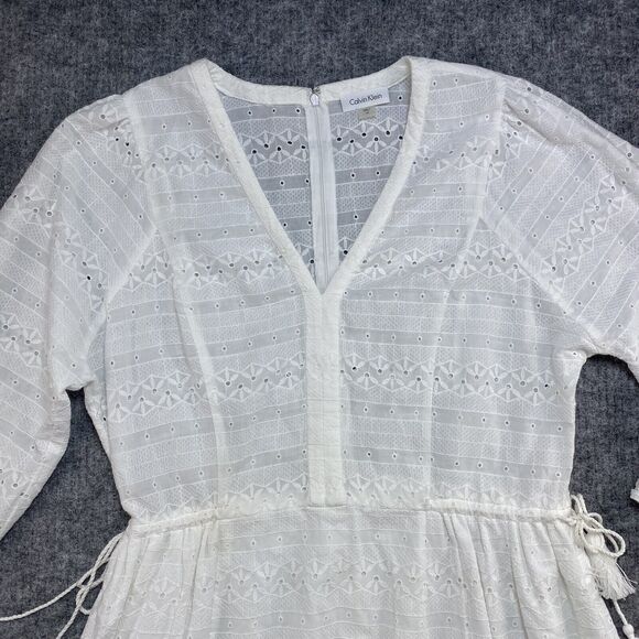 Calvin Klein Dress Women 14 White Eyelet Adjustable Waist Midi Cotton Tassels - Picture 2 of 14